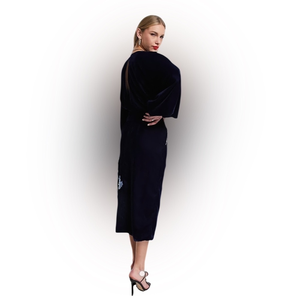 ASOS Navy Velvet Floral Embroidered Midi Dress Boho Luxe Long Sleeve Size 0 - Picture 6 of 14